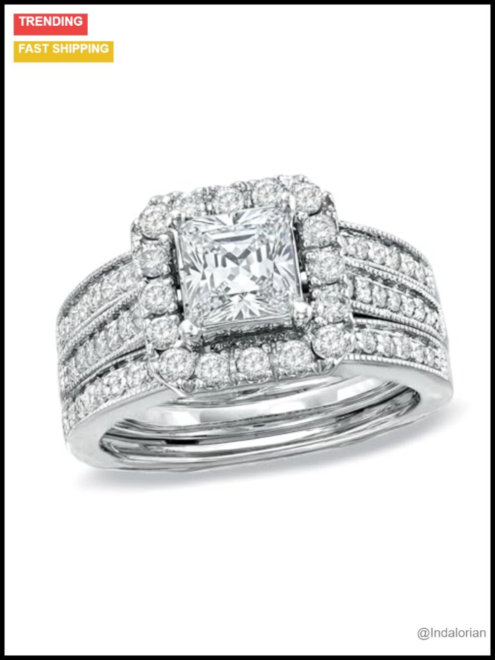 Princess Cut Moissanite Bridal Ring Set 925 Sterling Silver White Gold Plated